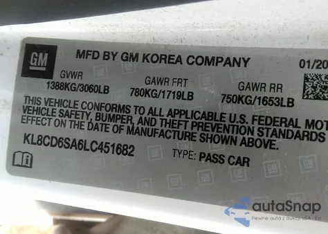 2020 Chevrolet Spark Fwd 1Lt Automatic из США, поврежденный, VIN KL8CD6SA6LC451682